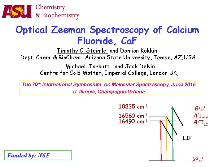 Optical Zeeman Spectroscopy of Calcium Fluoride, Ca. F Timothy C. Steimle and Damian Kokkin