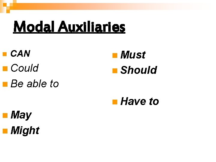 Modal Auxiliaries n CAN n Could n Be n Must n Should able to Modal Auxiliaries n CAN n Could n Be n Must n Should able to