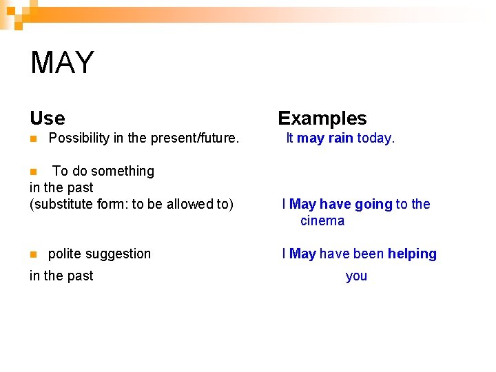 MAY Use n Examples Possibility in the present/future. It may rain today. To do MAY Use n Examples Possibility in the present/future. It may rain today. To do