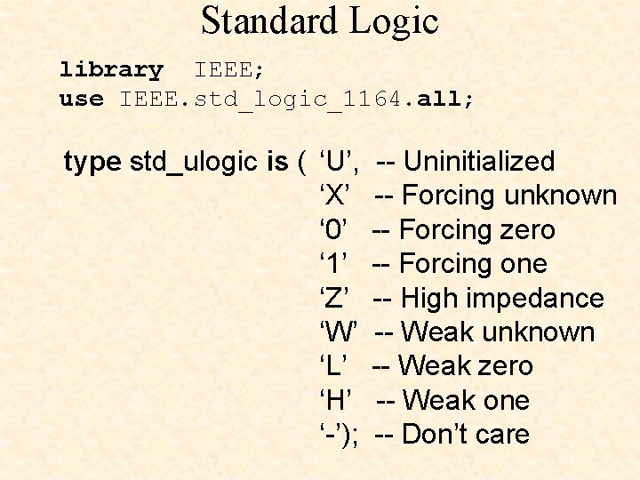 Standard Logic library IEEE; use IEEE. std_logic_1164. all; type std_ulogic is ( ‘U’, ‘X’