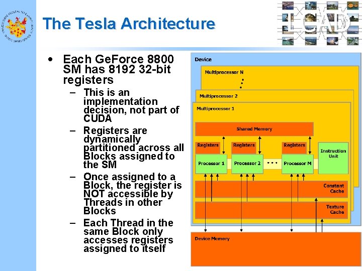 The Tesla Architecture • Each Ge. Force 8800 SM has 8192 32 -bit registers