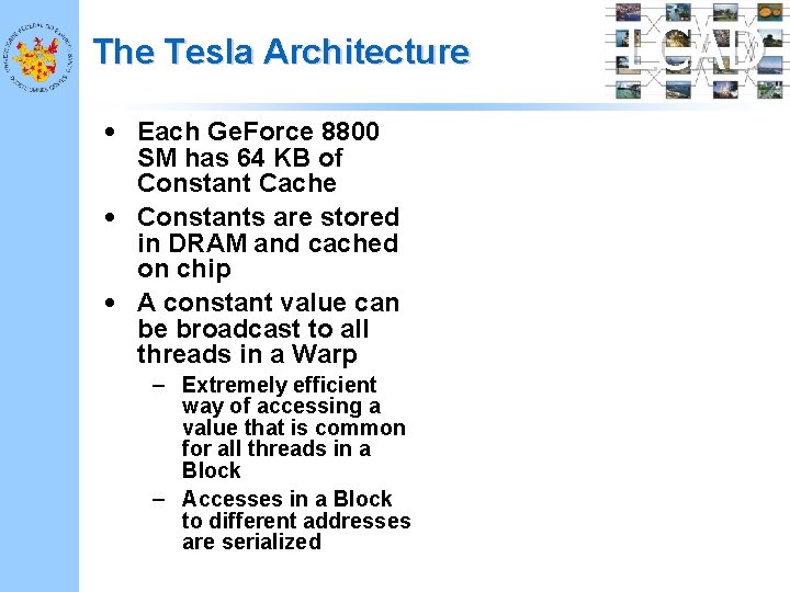 The Tesla Architecture • Each Ge. Force 8800 SM has 64 KB of Constant