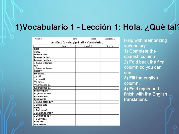 1)Vocabulario 1 - Lección 1: Hola. ¿Qué tal? Help with memorizing vocabulary: 1) Complete
