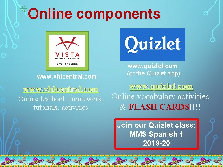 *Online components www. vhlcentral. com www. quizlet. com (or the Quizlet app) www. quizlet.