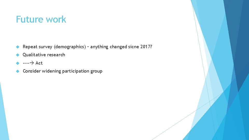 Future work Repeat survey (demographics) – anything changed sicne 2017? Qualitative research ---- Act