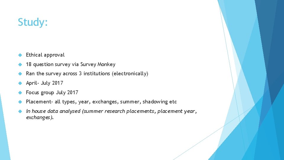 Study: Ethical approval 18 question survey via Survey Monkey Ran the survey across 3