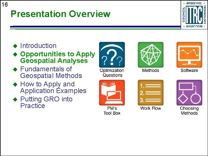 16 Presentation Overview Introduction Opportunities to Apply Geospatial Analyses Fundamentals of Geospatial Methods How