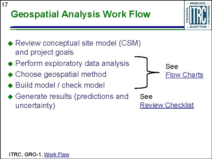 17 Geospatial Analysis Work Flow Review conceptual site model (CSM) and project goals Perform