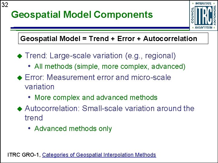 32 Geospatial Model Components Geospatial Model = Trend + Error + Autocorrelation Trend: Large-scale