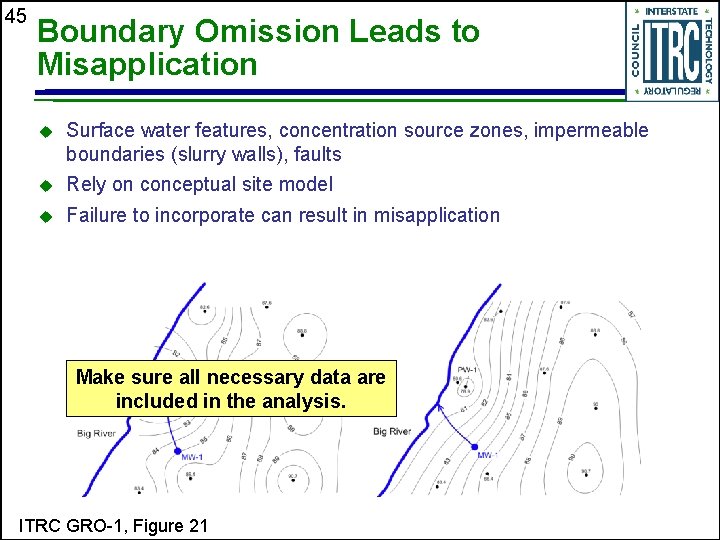 45 Boundary Omission Leads to Misapplication Surface water features, concentration source zones, impermeable boundaries