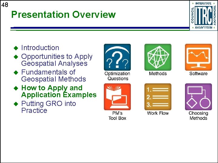 48 Presentation Overview Introduction Opportunities to Apply Geospatial Analyses Fundamentals of Geospatial Methods How