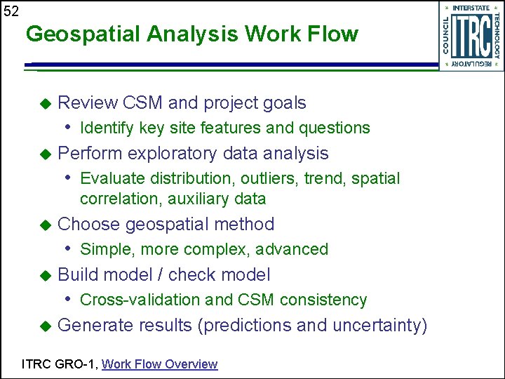 52 Geospatial Analysis Work Flow Review CSM and project goals • Identify key site