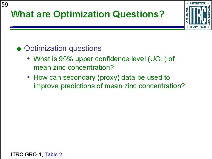 59 What are Optimization Questions? Optimization questions • What is 95% upper confidence level