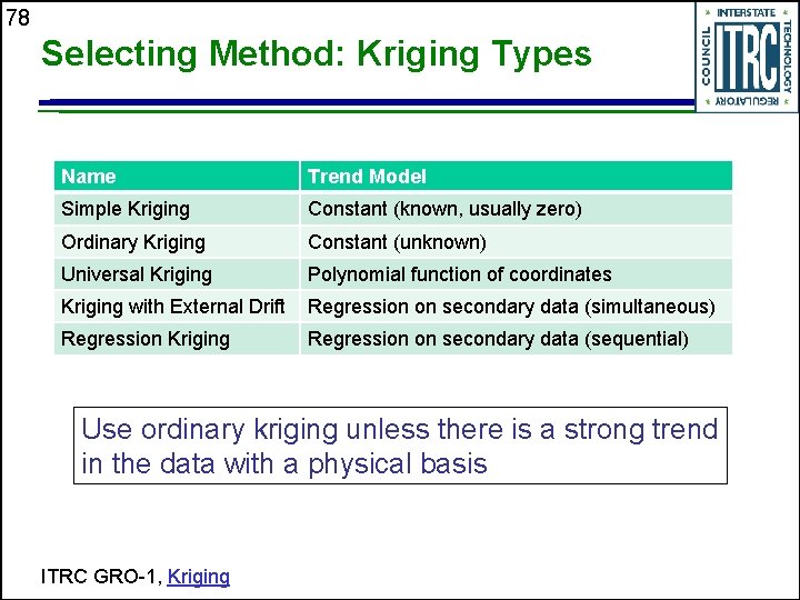 78 Selecting Method: Kriging Types Name Trend Model Simple Kriging Constant (known, usually zero)