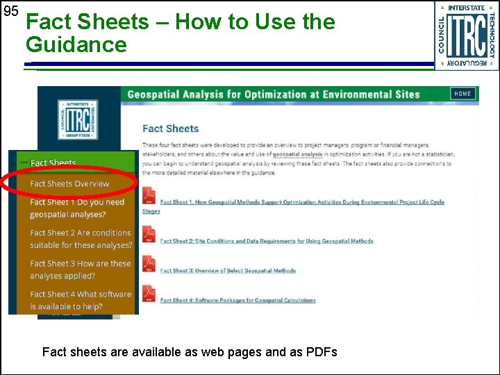 95 Fact Sheets – How to Use the Guidance Fact sheets are available as