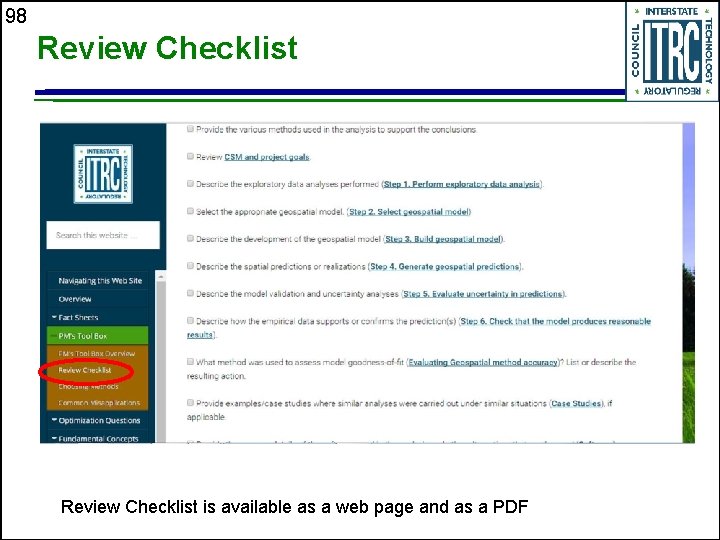 98 Review Checklist is available as a web page and as a PDF 