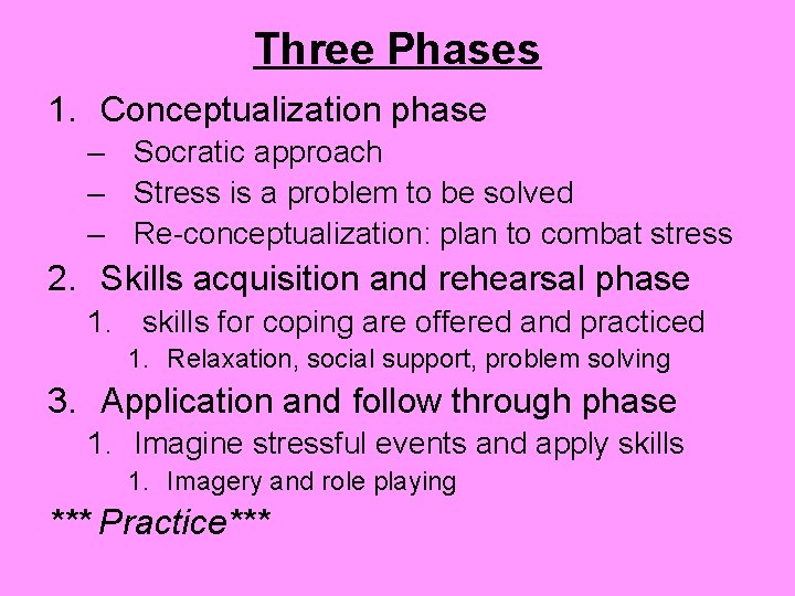 Three Phases 1. Conceptualization phase – Socratic approach – Stress is a problem to