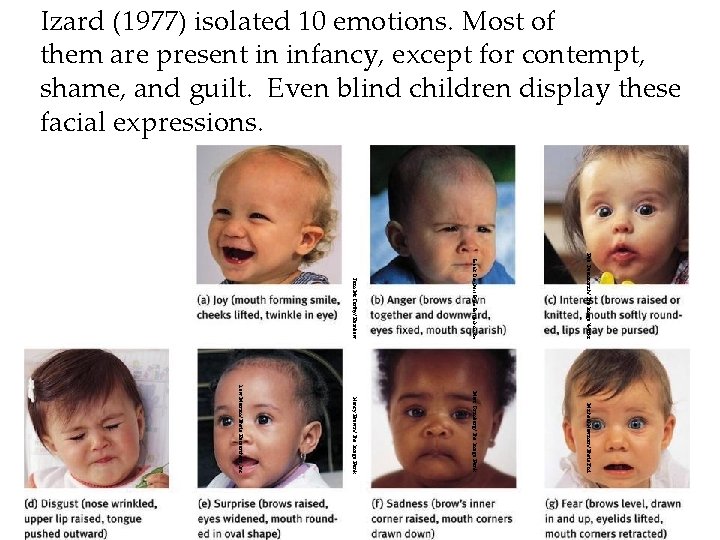 Izard (1977) isolated 10 emotions. Most of them are present in infancy, except for