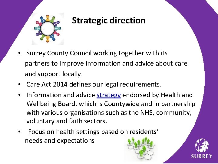 Strategic direction • Surrey County Council working together with its partners to improve information