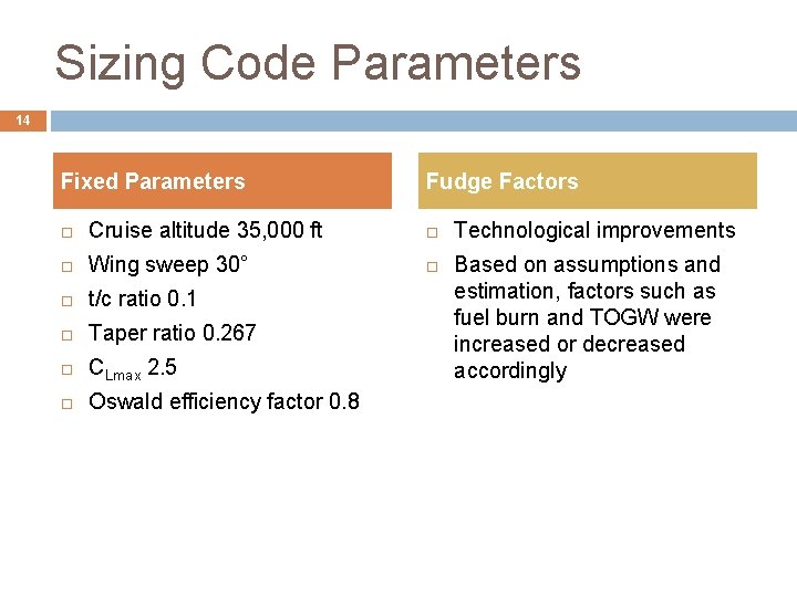 Sizing Code Parameters 14 Fixed Parameters Fudge Factors Cruise altitude 35, 000 ft Wing Sizing Code Parameters 14 Fixed Parameters Fudge Factors Cruise altitude 35, 000 ft Wing