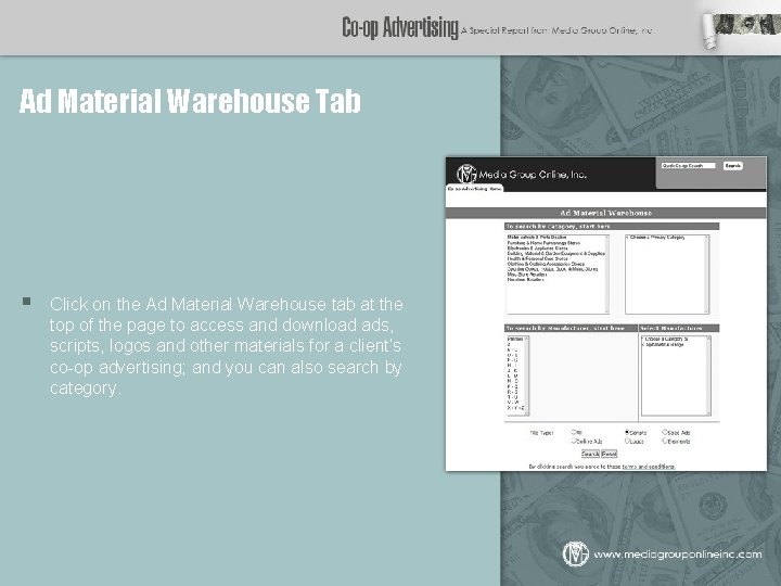 Ad Material Warehouse Tab § Click on the Ad Material Warehouse tab at the
