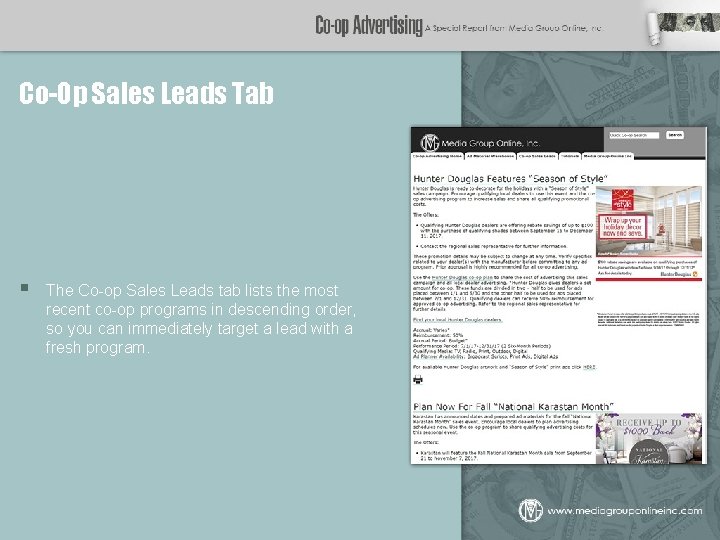 Co-Op Sales Leads Tab § The Co-op Sales Leads tab lists the most recent