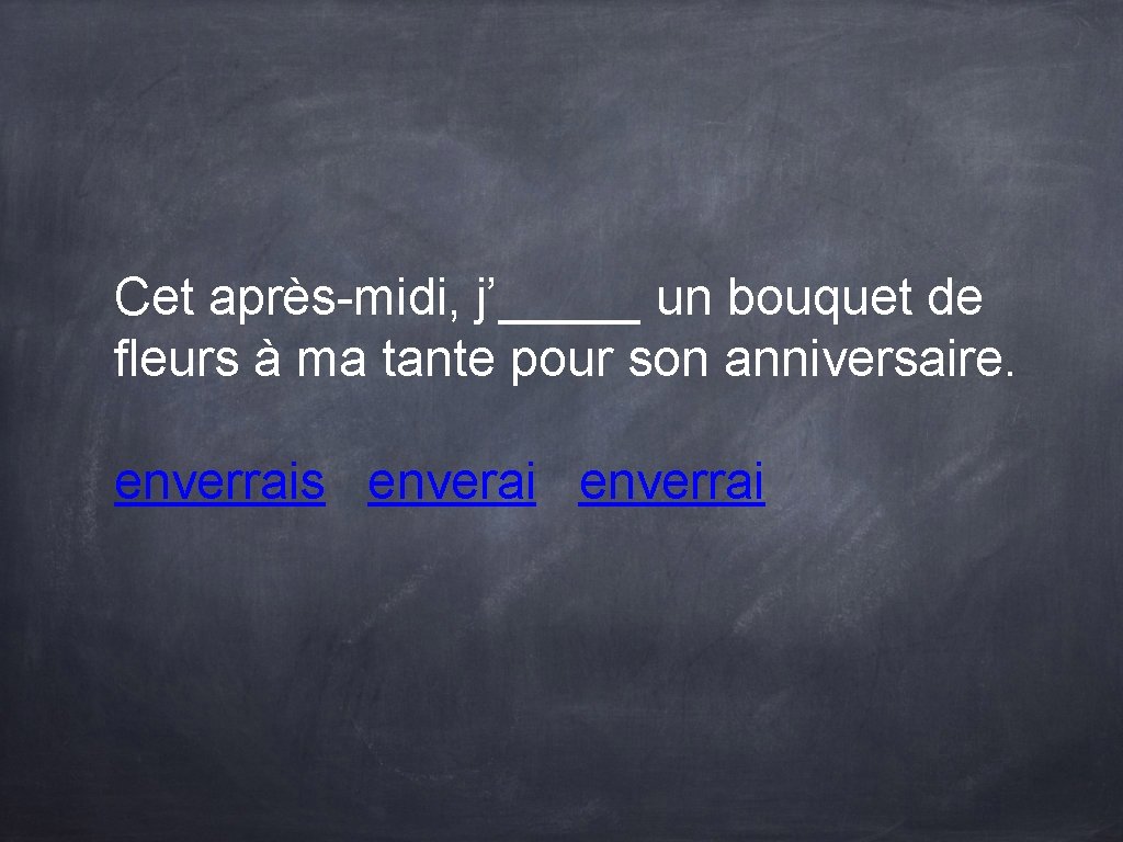 Cet après-midi, j’_____ un bouquet de fleurs à ma tante pour son anniversaire. enverrais Cet après-midi, j’_____ un bouquet de fleurs à ma tante pour son anniversaire. enverrais