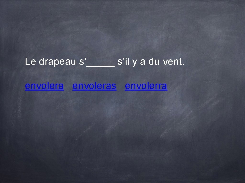 Le drapeau s’_____ s’il y a du vent. envoleras envolerra Le drapeau s’_____ s’il y a du vent. envoleras envolerra