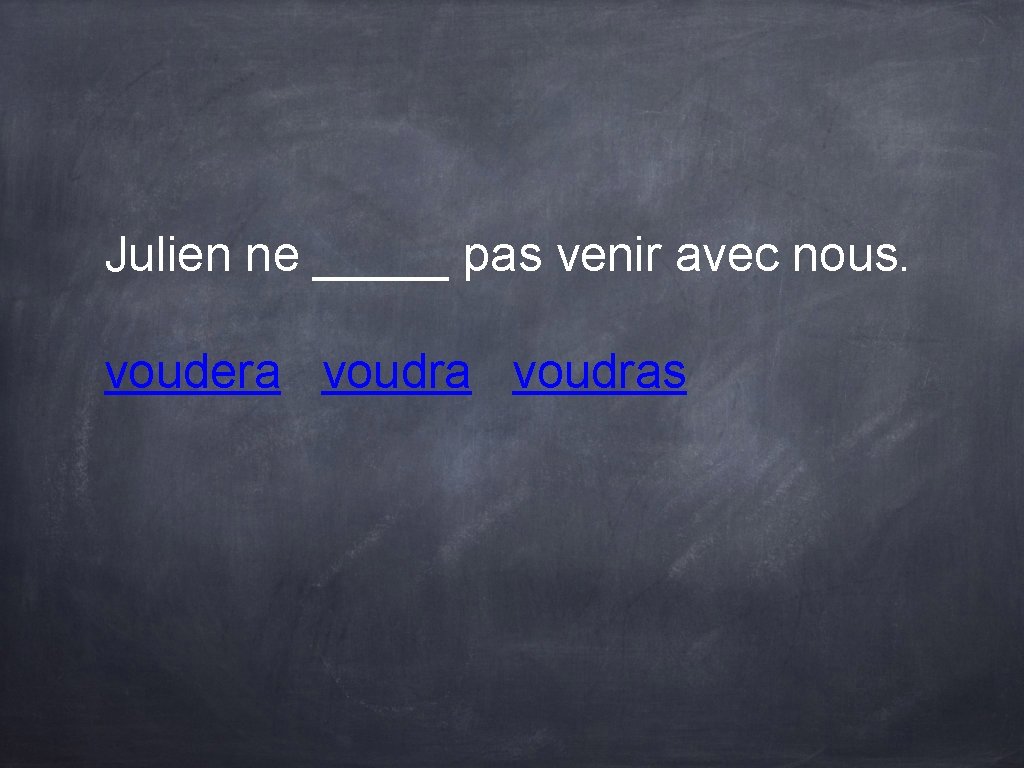 Julien ne _____ pas venir avec nous. voudera voudras Julien ne _____ pas venir avec nous. voudera voudras