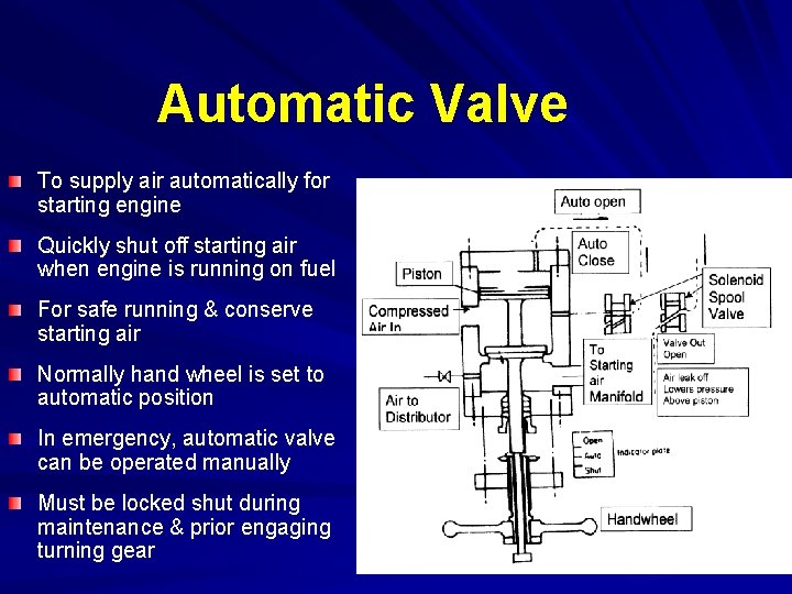 Automatic Valve To supply air automatically for starting engine Quickly shut off starting air