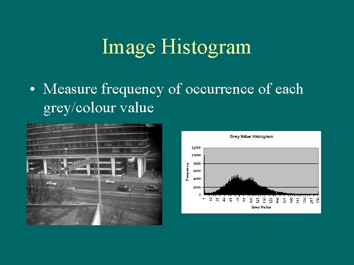 Image Histogram • Measure frequency of occurrence of each grey/colour value 