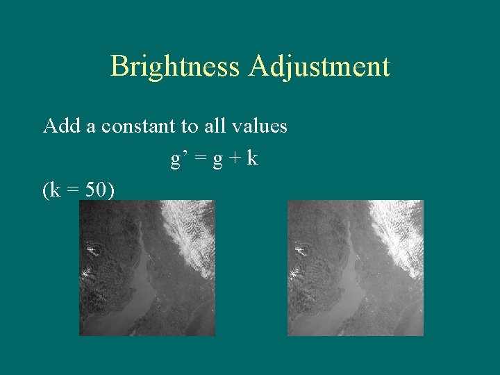 Brightness Adjustment Add a constant to all values g’ = g + k (k