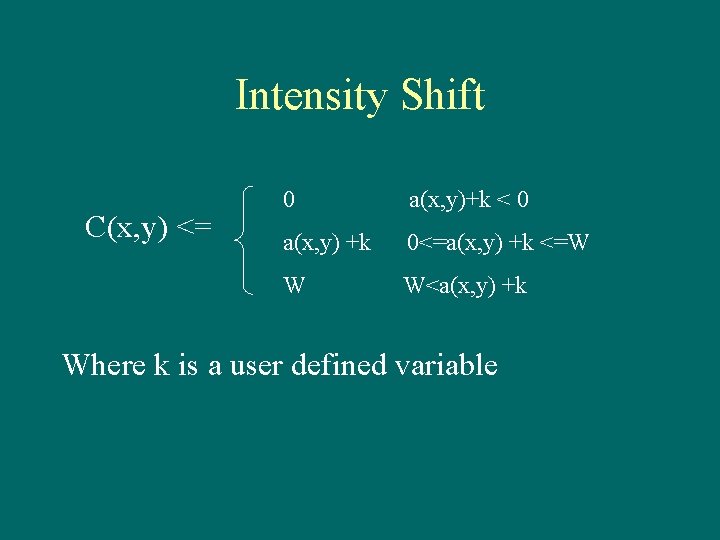 Intensity Shift C(x, y) <= 0 a(x, y)+k < 0 a(x, y) +k 0<=a(x,