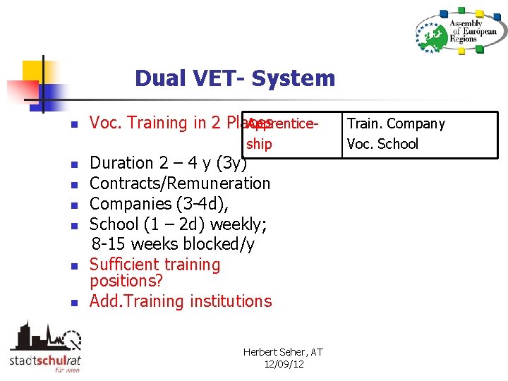 Dual VET- System n Voc. Training in 2 Places Apprenticeship n n n Duration