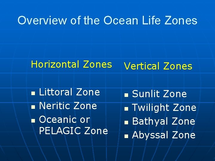 Overview of the Ocean Life Zones Horizontal Zones n n n Littoral Zone Neritic