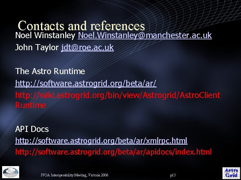 Contacts and references Noel Winstanley Noel. Winstanley@manchester. ac. uk John Taylor jdt@roe. ac. uk