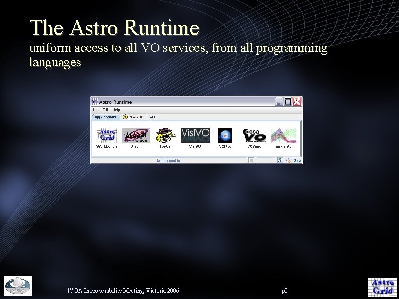 The Astro Runtime uniform access to all VO services, from all programming languages IVOA