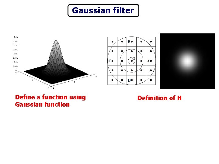 Gaussian filter Define a function using Gaussian function Definition of H 