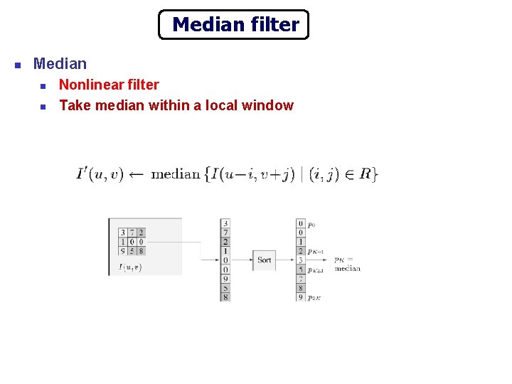 Median filter n Median n n Nonlinear filter Take median within a local window