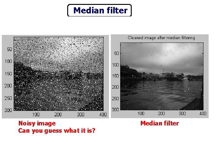 Median filter Noisy image Can you guess what it is? Median filter 