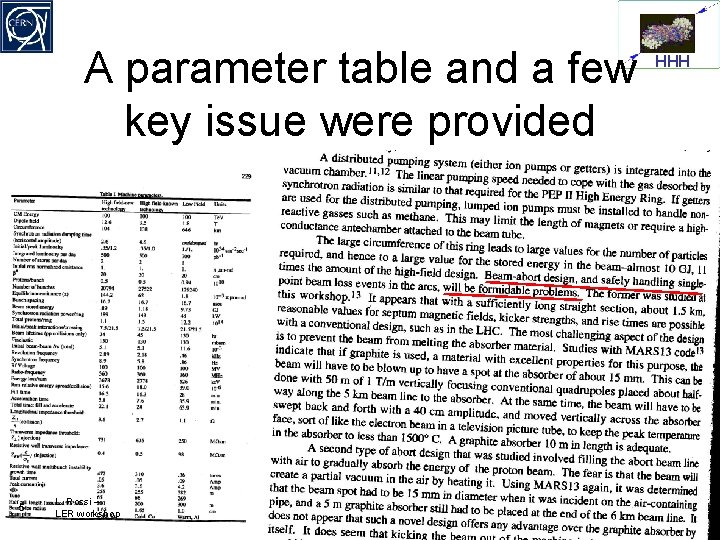 A parameter table and a few key issue were provided 5 L. Rossi –