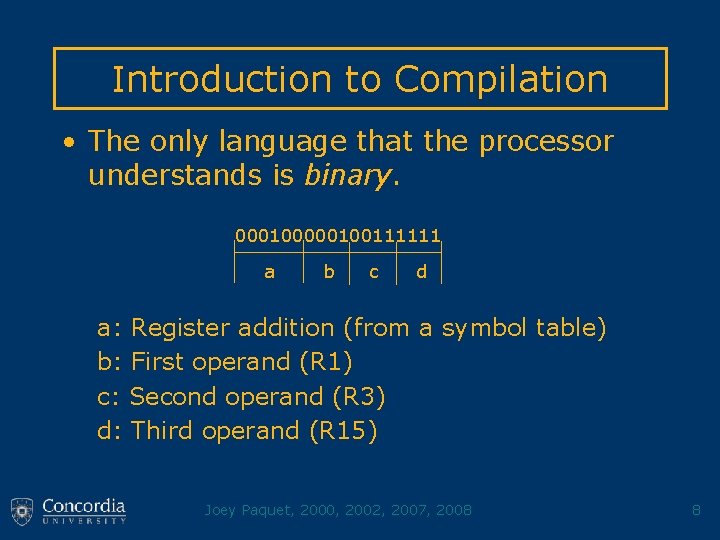 Introduction to Compilation • The only language that the processor understands is binary. 000100111111