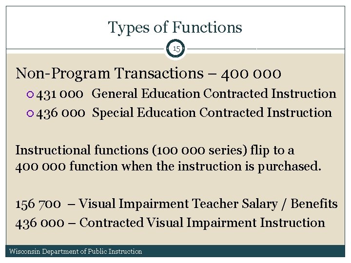 Types of Functions 15 Non-Program Transactions – 400 000 431 000 General Education Contracted Types of Functions 15 Non-Program Transactions – 400 000 431 000 General Education Contracted