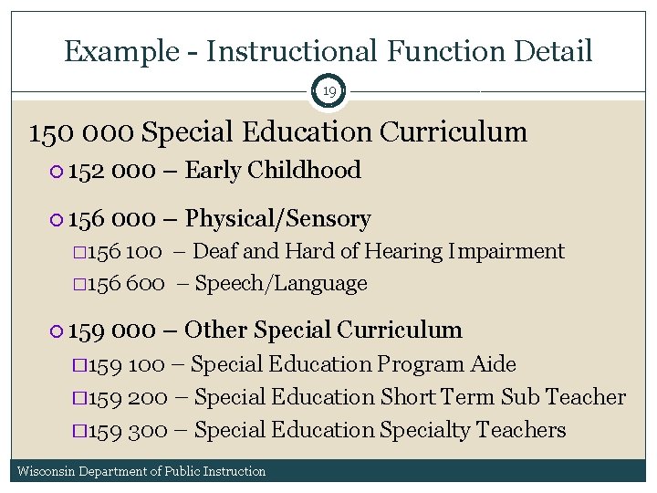 Example - Instructional Function Detail 19 150 000 Special Education Curriculum 152 000 – Example - Instructional Function Detail 19 150 000 Special Education Curriculum 152 000 –