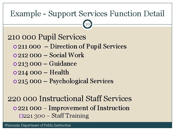 Example - Support Services Function Detail 20 210 000 Pupil Services 211 000 – Example - Support Services Function Detail 20 210 000 Pupil Services 211 000 –