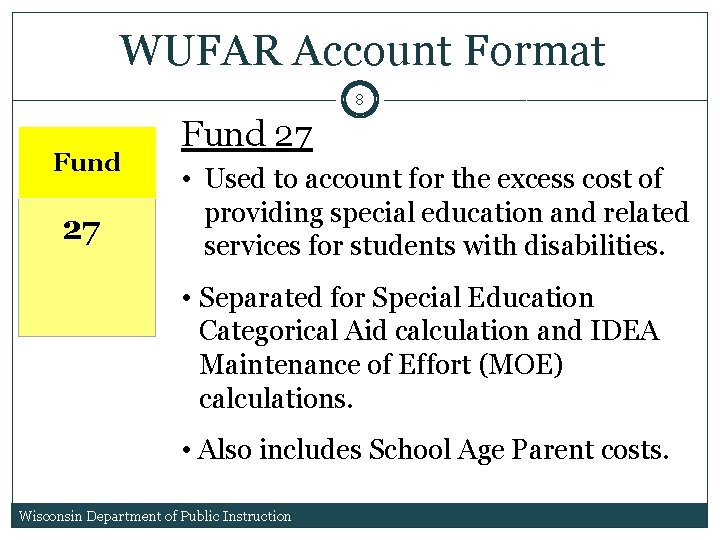 WUFAR Account Format 8 Fund 27 • Used to account for the excess cost WUFAR Account Format 8 Fund 27 • Used to account for the excess cost
