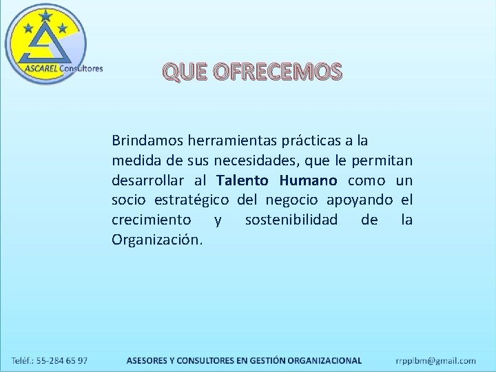 QUE OFRECEMOS Brindamos herramientas prácticas a la medida de sus necesidades, que le permitan QUE OFRECEMOS Brindamos herramientas prácticas a la medida de sus necesidades, que le permitan