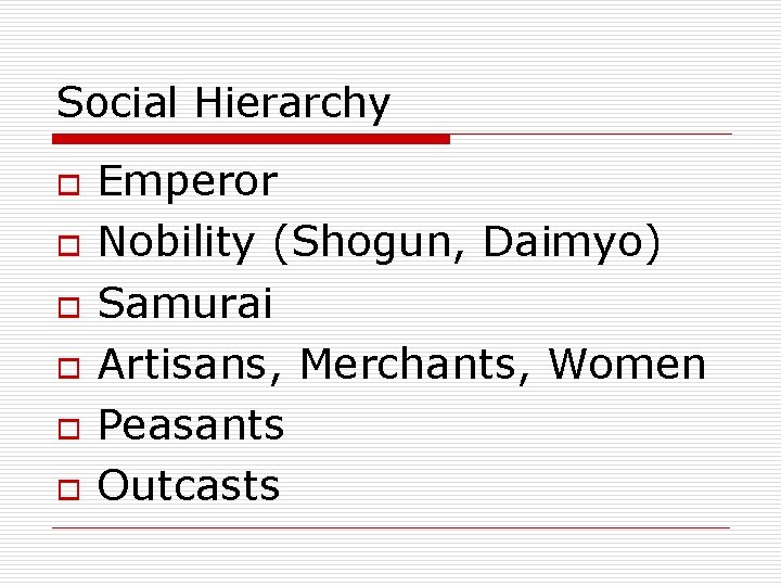 Social Hierarchy o o o Emperor Nobility (Shogun, Daimyo) Samurai Artisans, Merchants, Women Peasants