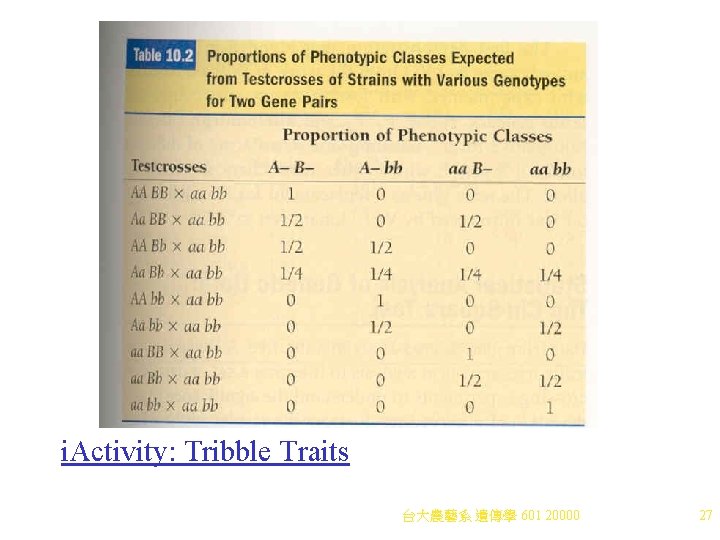 i. Activity: Tribble Traits 台大農藝系 遺傳學 601 20000 27 