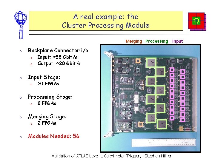 A real example: the Cluster Processing Module Merging Processing o Backplane Connector i/o o